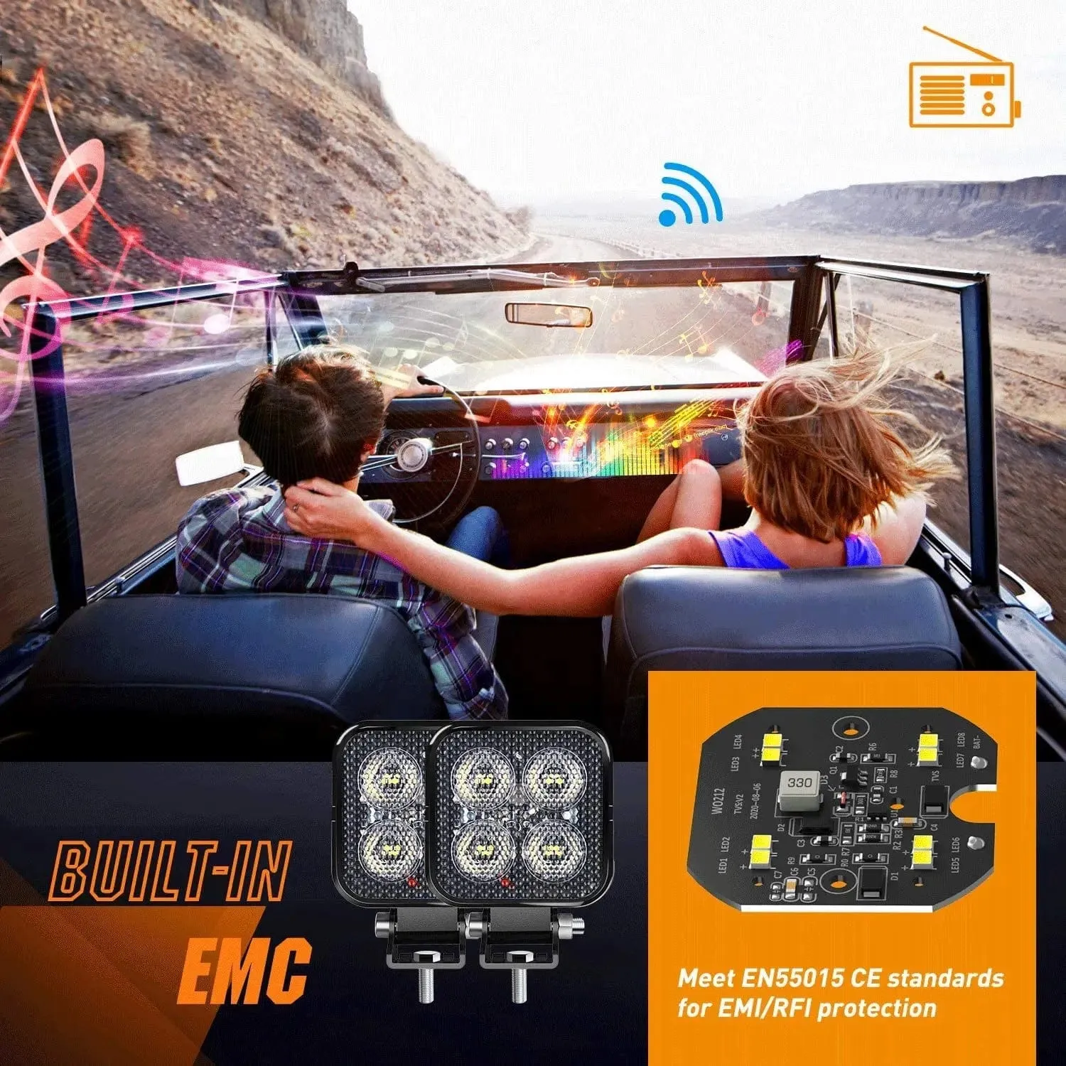 3 Inch 12W 1500LM Square Flood Built-in EMC LED Work Lights (Pair) | 16AWG DT Wire