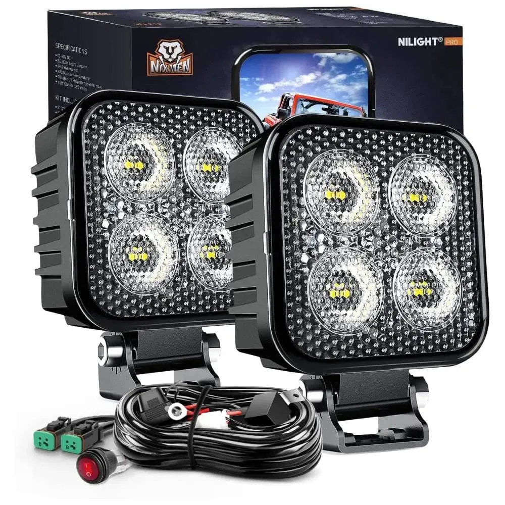 3 Inch 12W 1500LM Square Flood Built-in EMC LED Work Lights (Pair) | 16AWG DT Wire