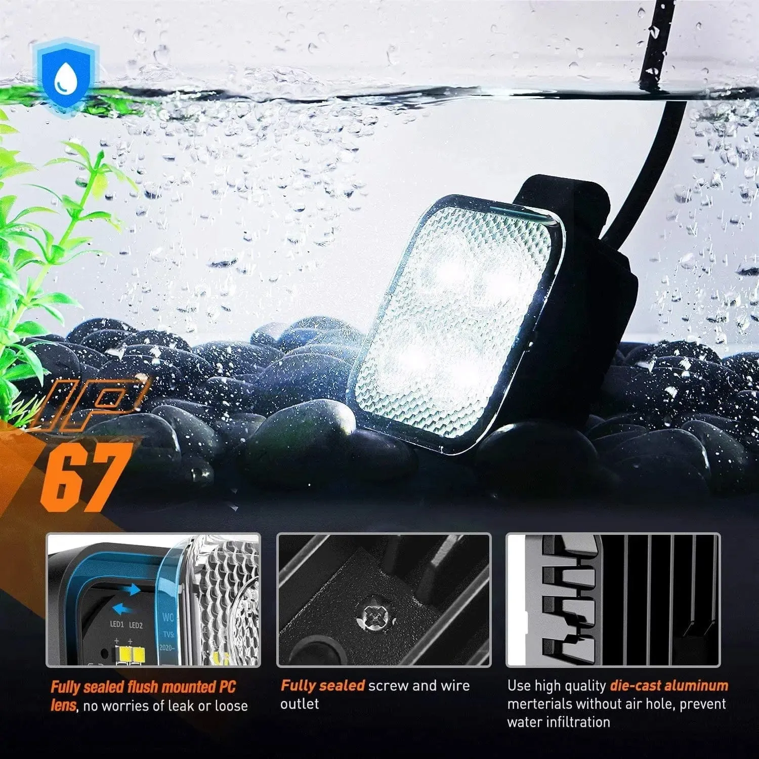 3 Inch 12W 1500LM Square Flood Built-in EMC LED Work Lights (Pair) | 16AWG DT Wire
