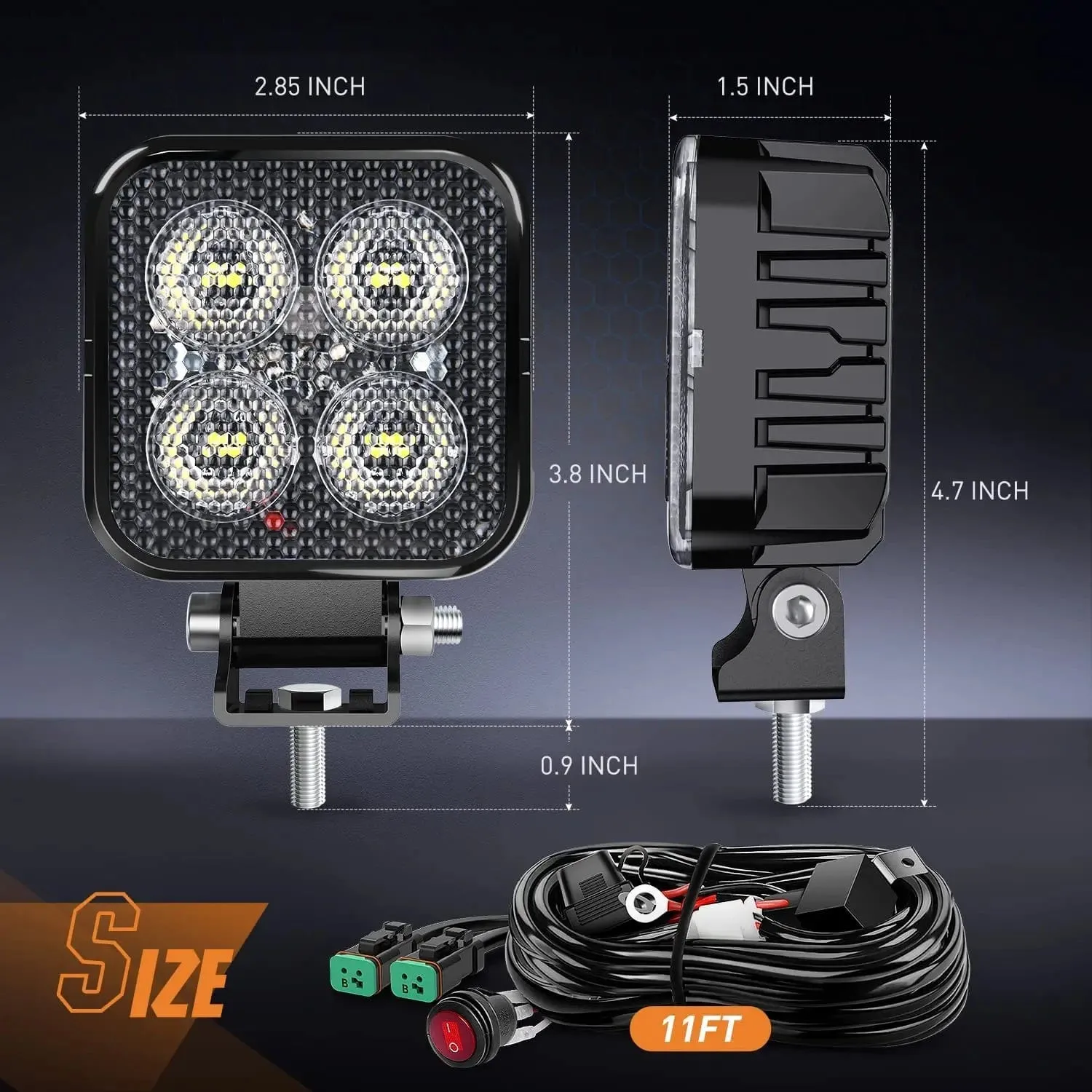 3 Inch 12W 1500LM Square Flood Built-in EMC LED Work Lights (Pair) | 16AWG DT Wire