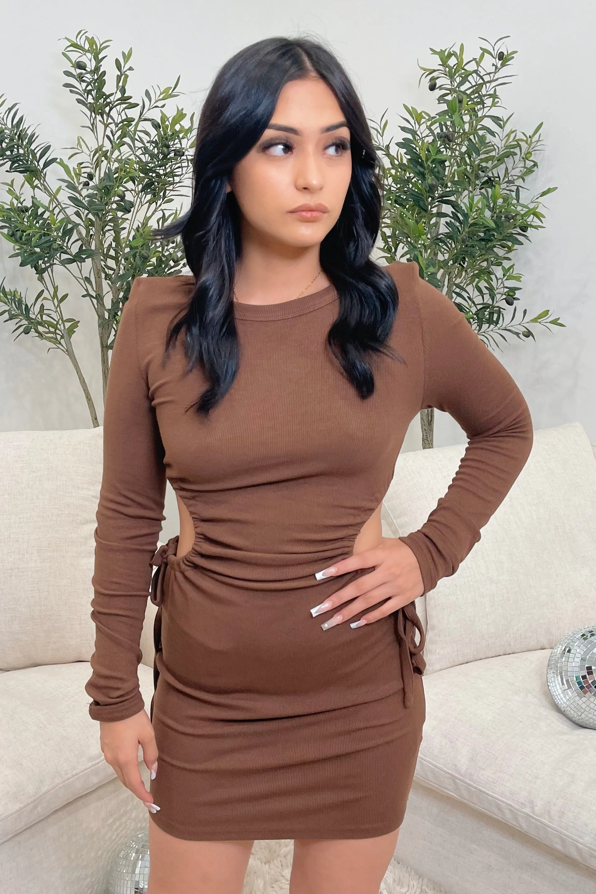 Amy Long Sleeve Side Cut Out Dress (Chocolate Brown)