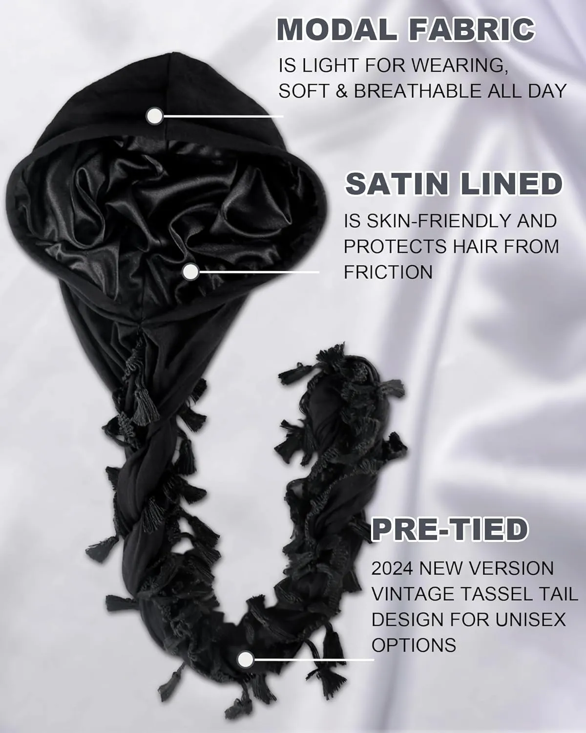 Babalet Halo Turban for Men Women Satin Lined Durag Head Wraps Skull Cap Pre-Tied Tassels Braid Beanie Vintage Twist Bonnet
