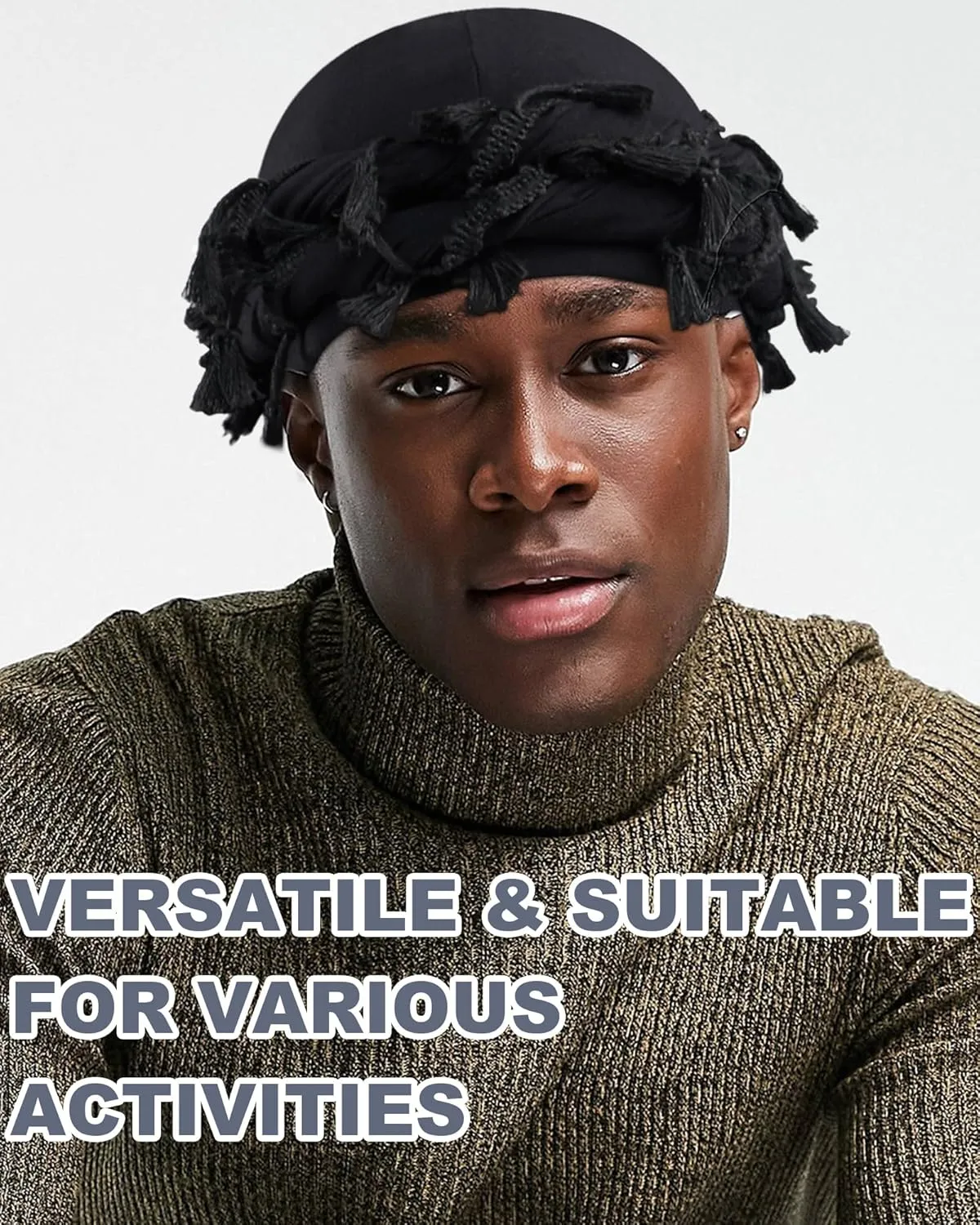 Babalet Halo Turban for Men Women Satin Lined Durag Head Wraps Skull Cap Pre-Tied Tassels Braid Beanie Vintage Twist Bonnet