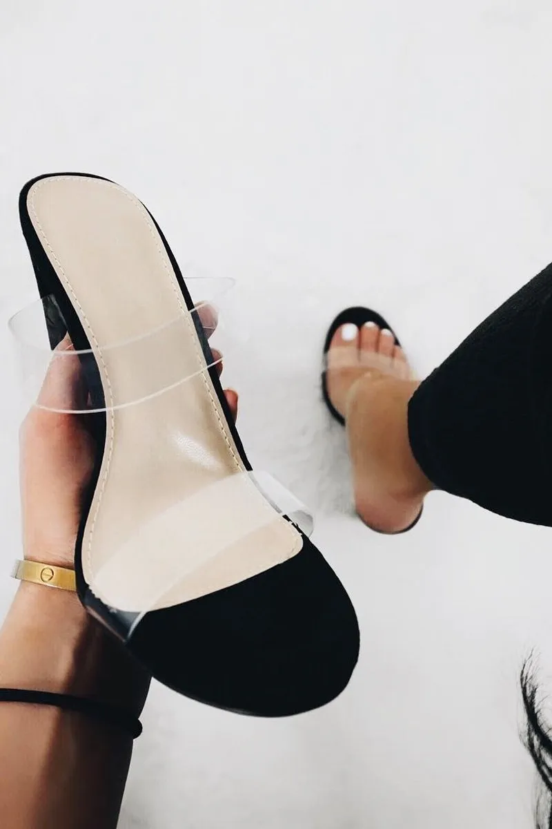 Black Faux Suede Clear Strap Heels - Rochella