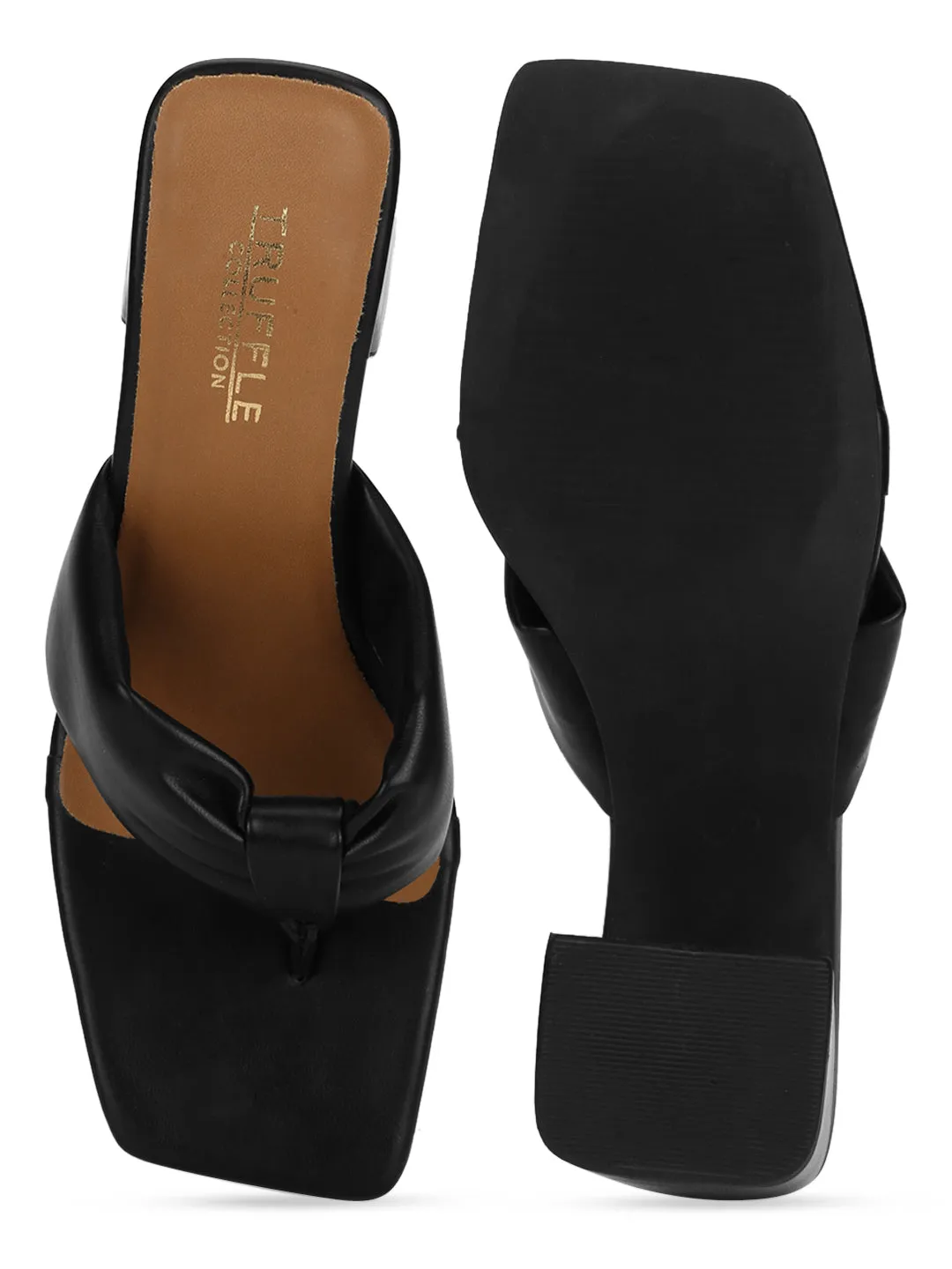 Black PU Flip Flop Block Heel Mules (TC-ST-1227-BLKPU)