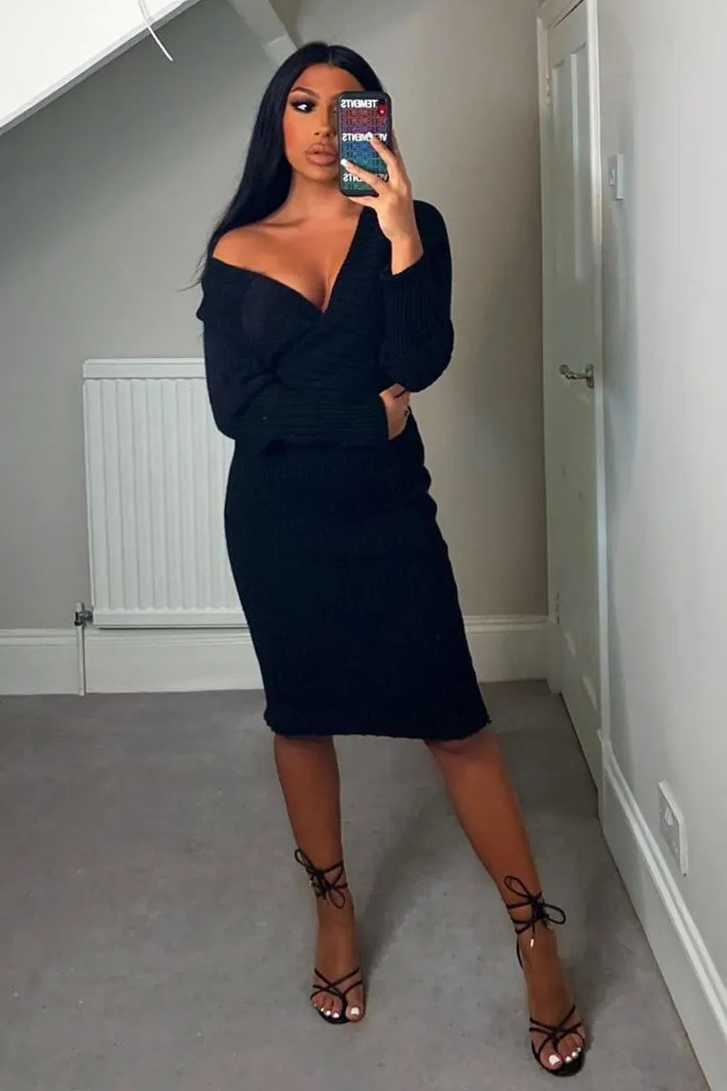 Black Wrap Front Knit Midi Dress - Edan