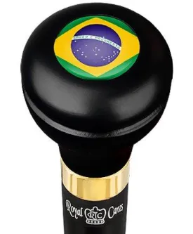 Brazil Flag Emblem Flask Walking Stick: Wood Shaft Hidden Flask