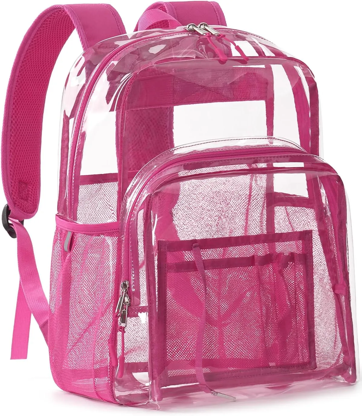 Clear Backpack Heavy Duty, 17 Inch Large TPU Clear Bookbag for Boys Girls Adult, See Through Book Bag Transparent Backpacks with Multiple Pockets for School College Work Casual, Rose Red