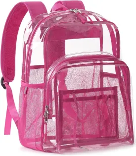 Clear Backpack Heavy Duty, 17 Inch Large TPU Clear Bookbag for Boys Girls Adult, See Through Book Bag Transparent Backpacks with Multiple Pockets for School College Work Casual, Rose Red