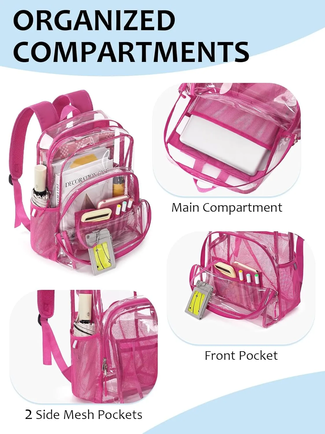 Clear Backpack Heavy Duty, 17 Inch Large TPU Clear Bookbag for Boys Girls Adult, See Through Book Bag Transparent Backpacks with Multiple Pockets for School College Work Casual, Rose Red