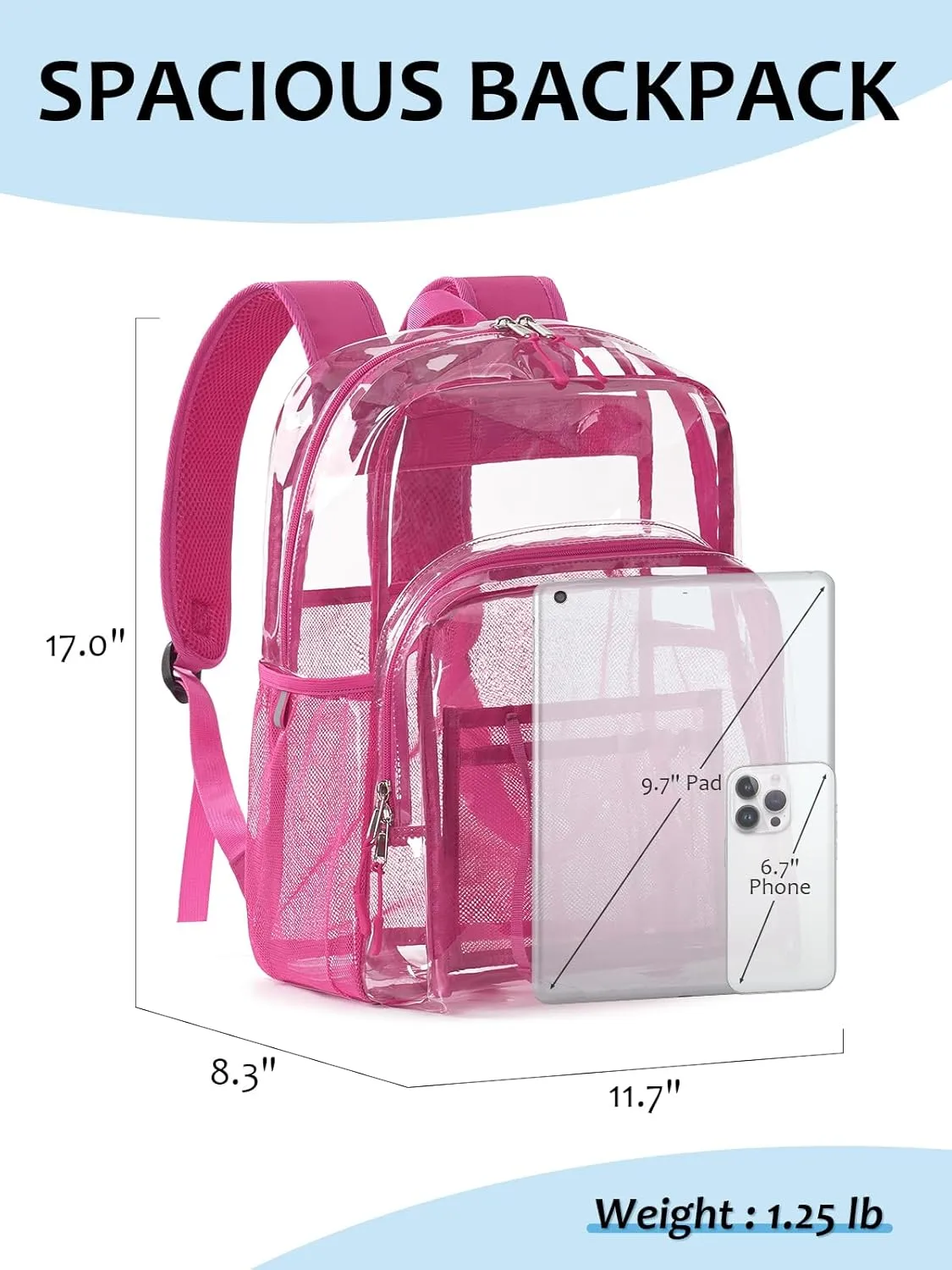 Clear Backpack Heavy Duty, 17 Inch Large TPU Clear Bookbag for Boys Girls Adult, See Through Book Bag Transparent Backpacks with Multiple Pockets for School College Work Casual, Rose Red