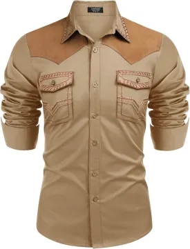 COOFANDY Men's Western Cowboy Shirt Embroidered Long Sleeve Slim Fit Casual Cotton Button Down Hippie Shirts with Pockets