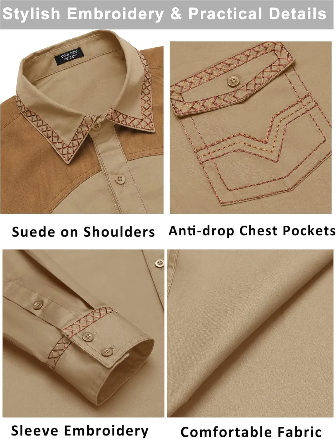 COOFANDY Men's Western Cowboy Shirt Embroidered Long Sleeve Slim Fit Casual Cotton Button Down Hippie Shirts with Pockets