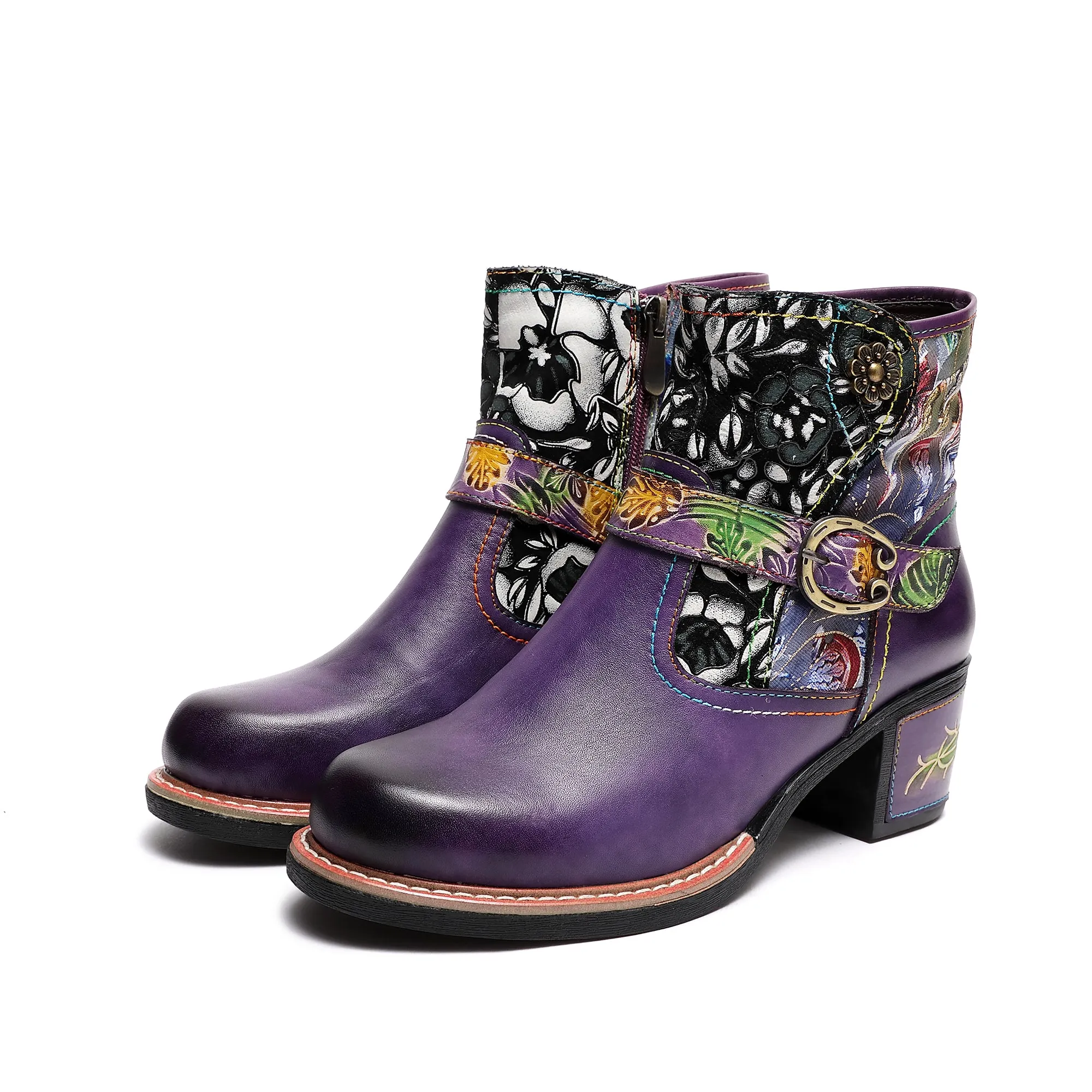 CrazycatZ Womens  Boots Bohemian Block Heels Leather Western Boots Colorful Leather Ankle Boots Dark Purple
