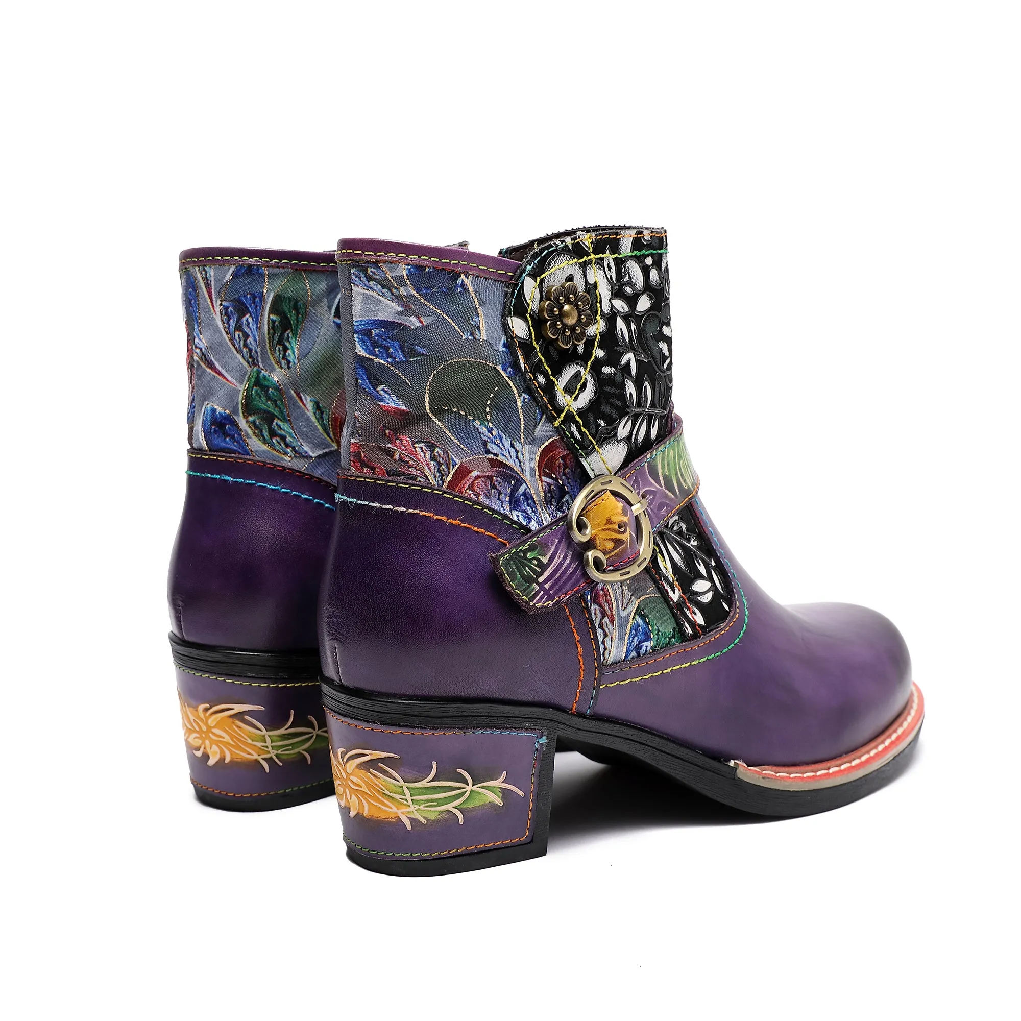 CrazycatZ Womens  Boots Bohemian Block Heels Leather Western Boots Colorful Leather Ankle Boots Dark Purple