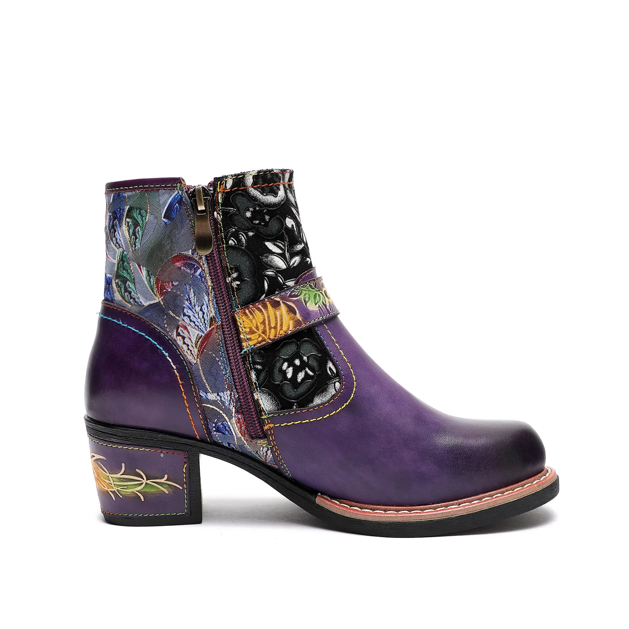 CrazycatZ Womens  Boots Bohemian Block Heels Leather Western Boots Colorful Leather Ankle Boots Dark Purple