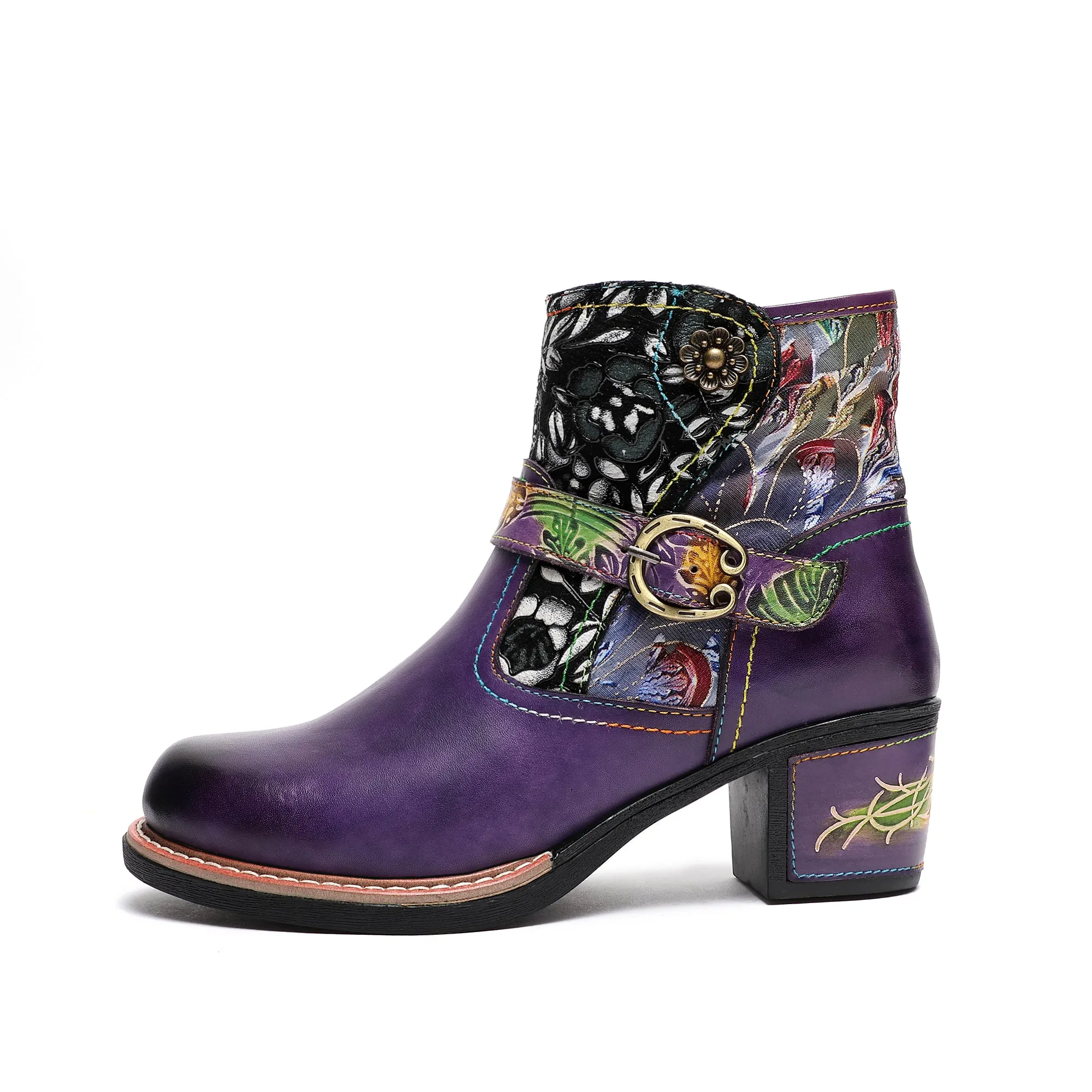 CrazycatZ Womens  Boots Bohemian Block Heels Leather Western Boots Colorful Leather Ankle Boots Dark Purple