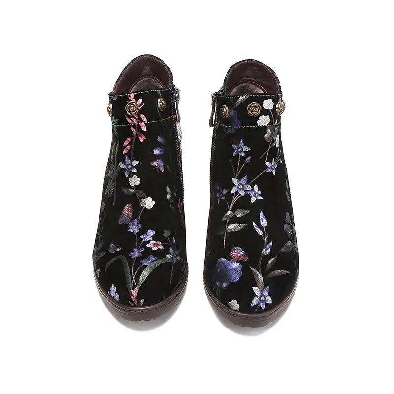 CrazycatZ Womens  Boots Floral Block Heel Leather Western Boots Colorful Leather Boots 23-C