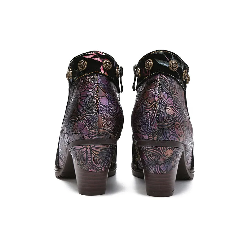 CrazycatZ Womens  Boots Floral Block Heel Leather Western Boots Colorful Leather Boots 23-C
