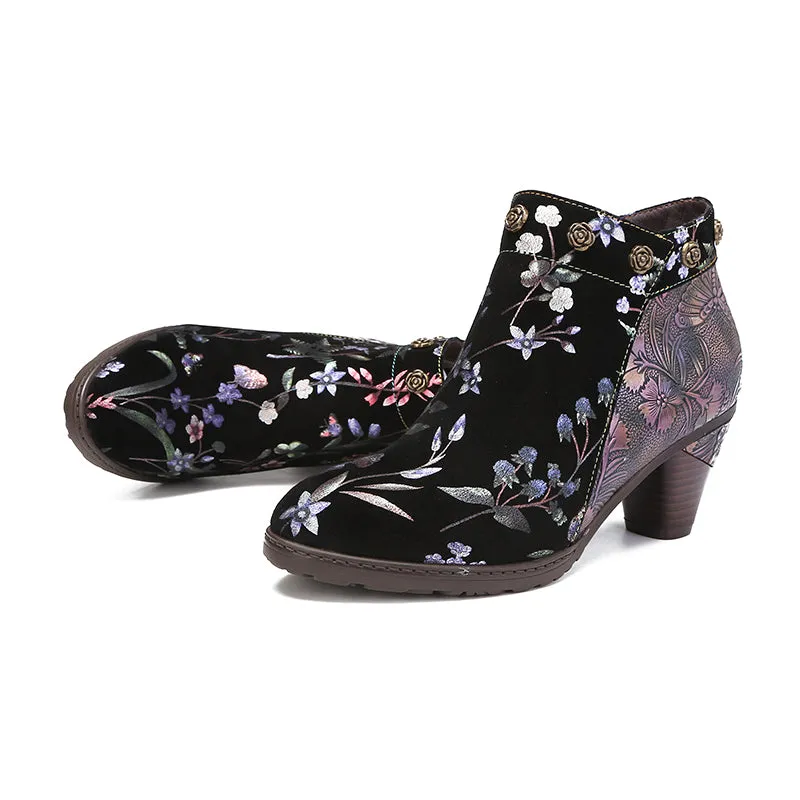 CrazycatZ Womens  Boots Floral Block Heel Leather Western Boots Colorful Leather Boots 23-C