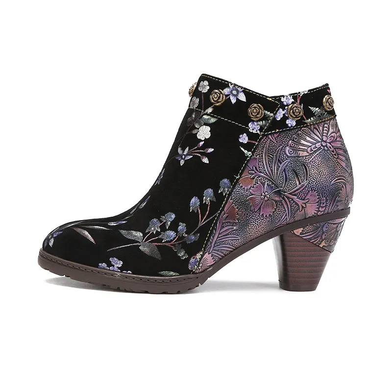 CrazycatZ Womens  Boots Floral Block Heel Leather Western Boots Colorful Leather Boots 23-C