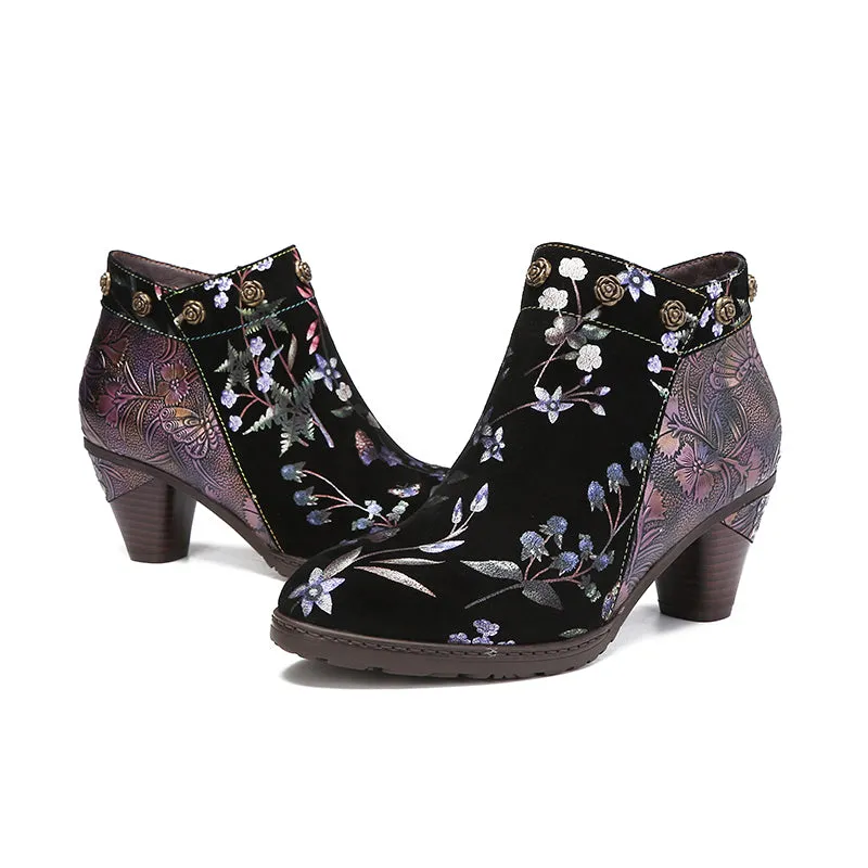 CrazycatZ Womens  Boots Floral Block Heel Leather Western Boots Colorful Leather Boots 23-C