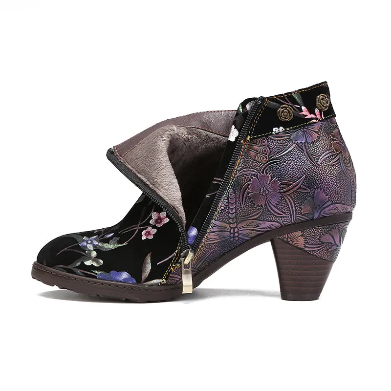 CrazycatZ Womens  Boots Floral Block Heel Leather Western Boots Colorful Leather Boots 23-C