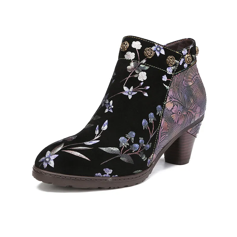 CrazycatZ Womens  Boots Floral Block Heel Leather Western Boots Colorful Leather Boots 23-C