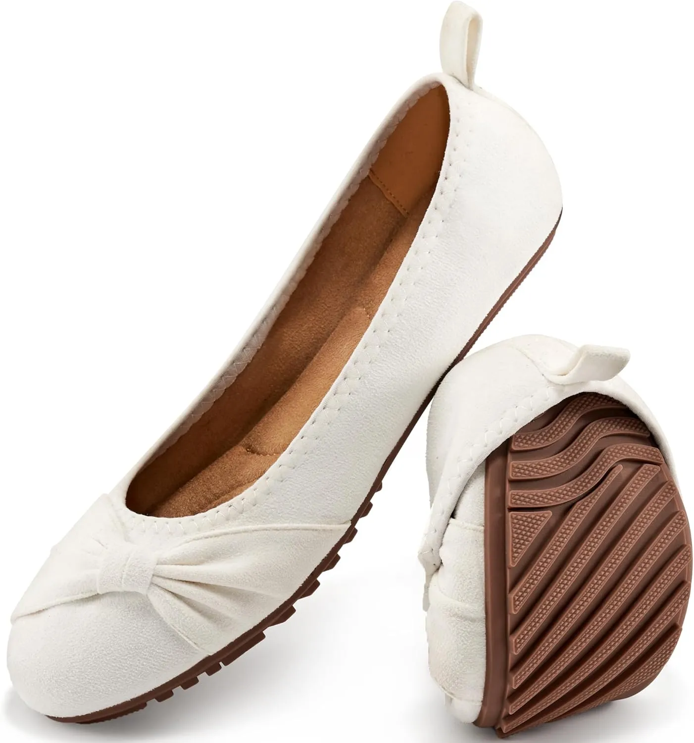 Ecetana Womens Flats Shoes Dressy: Round Toe Bowknot Suede Foldable Comfortable Casual Slip On Ballet Loafers