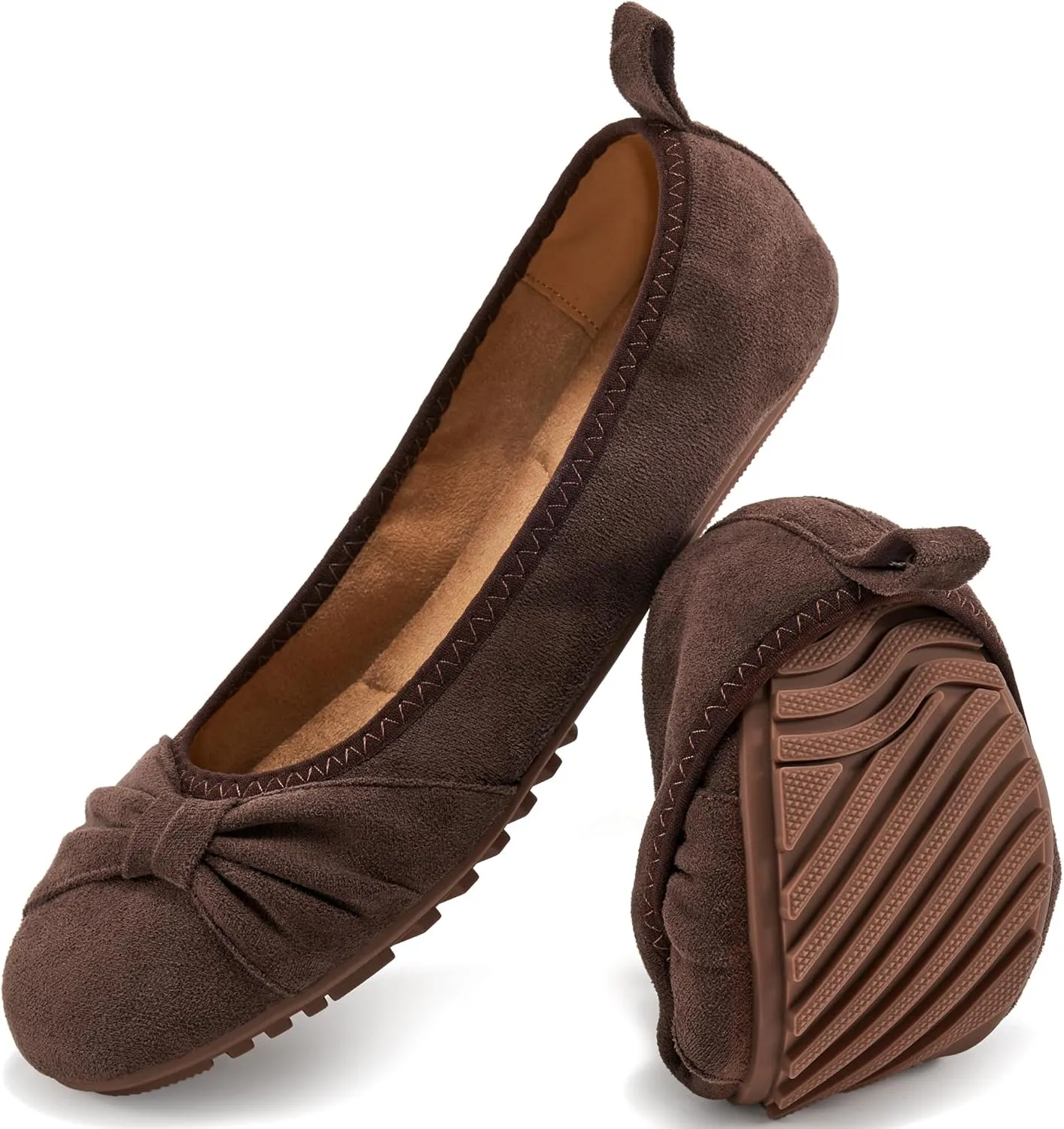 Ecetana Womens Flats Shoes Dressy: Round Toe Bowknot Suede Foldable Comfortable Casual Slip On Ballet Loafers