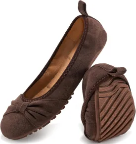 Ecetana Womens Flats Shoes Dressy: Round Toe Bowknot Suede Foldable Comfortable Casual Slip On Ballet Loafers