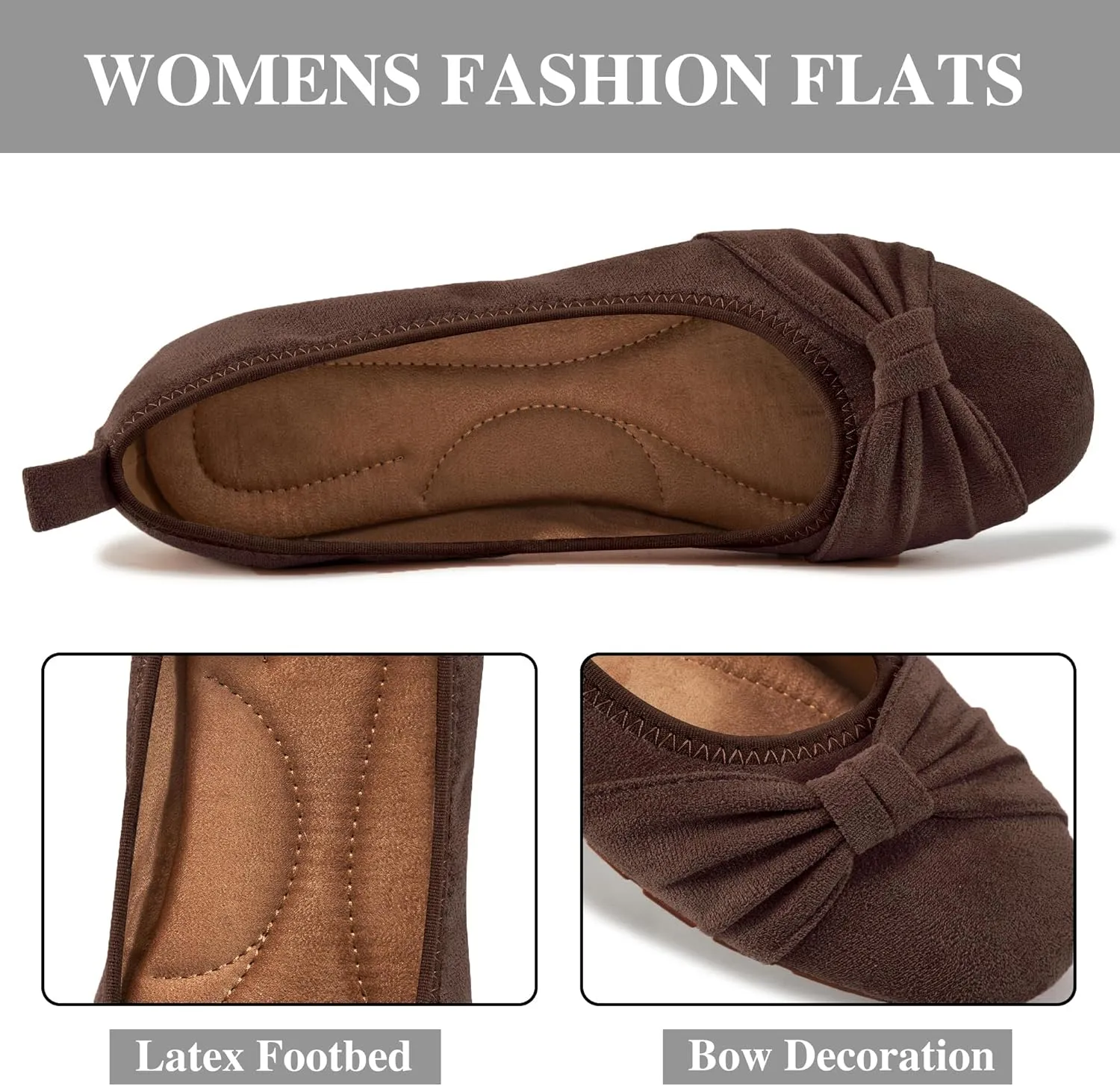 Ecetana Womens Flats Shoes Dressy: Round Toe Bowknot Suede Foldable Comfortable Casual Slip On Ballet Loafers