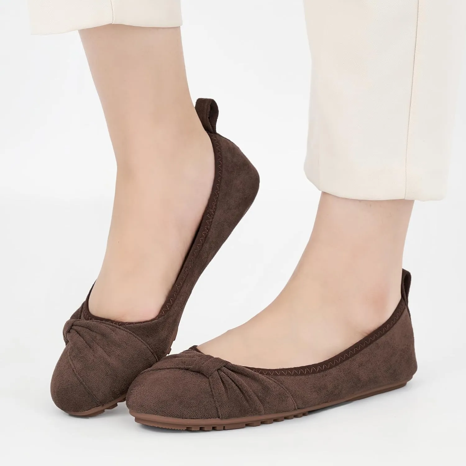 Ecetana Womens Flats Shoes Dressy: Round Toe Bowknot Suede Foldable Comfortable Casual Slip On Ballet Loafers