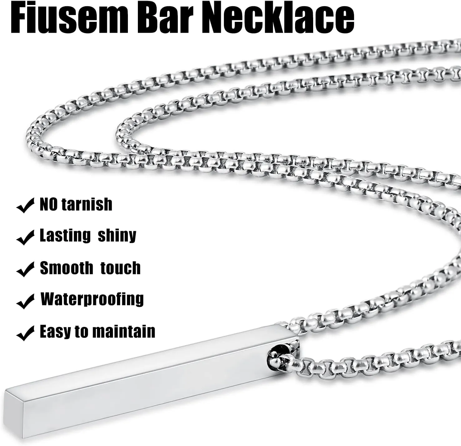 Fiusem Pendant Necklace for Men, Silver Tone/Gold Plated/Black Mens Penddant Necklaces with 2.5 mm Box Chain, Stainless Steel Bar Chain, 18-28 Inches