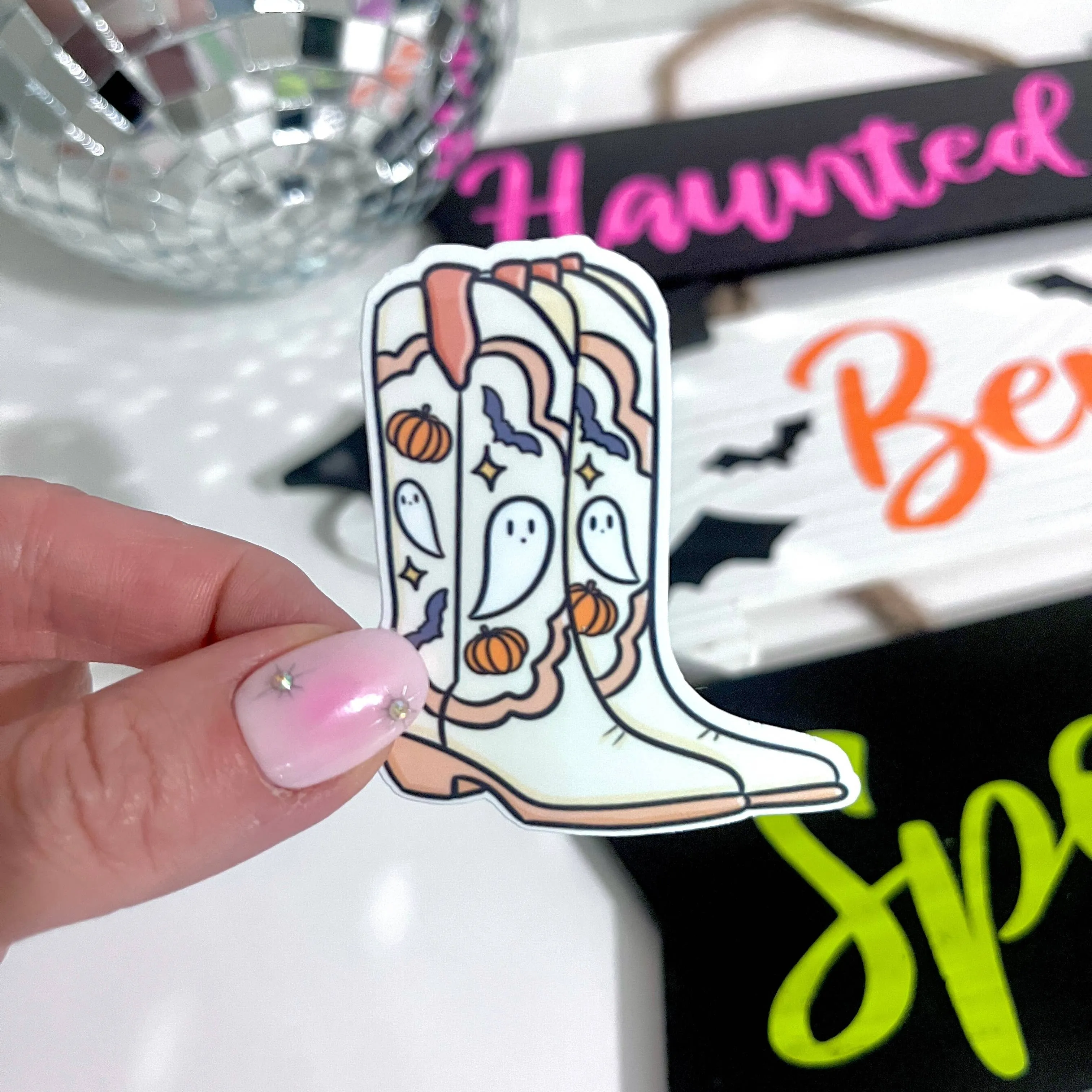 Halloween Cowgirl Boots Vinyl Sticker: Beige