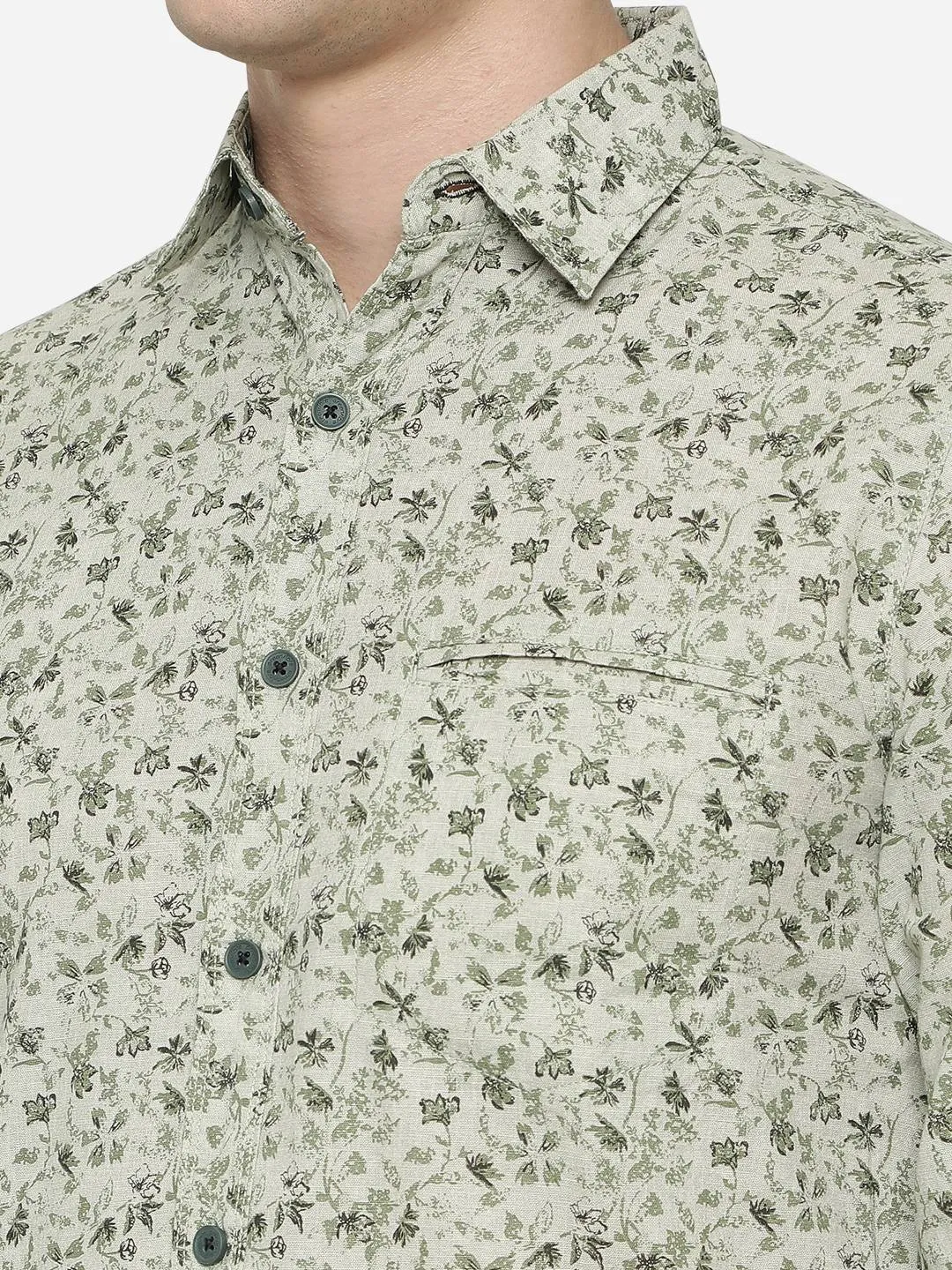 Moss Grey Printed Slim Fit Semi Casual Shirt | Greenfibre