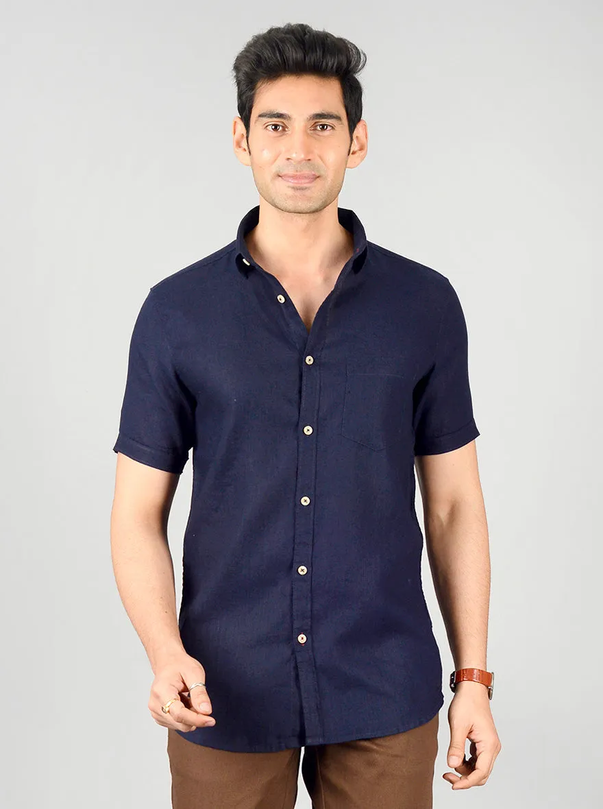 Navy Blue Solid Slim Fit Casual Shirt | JadeBlue