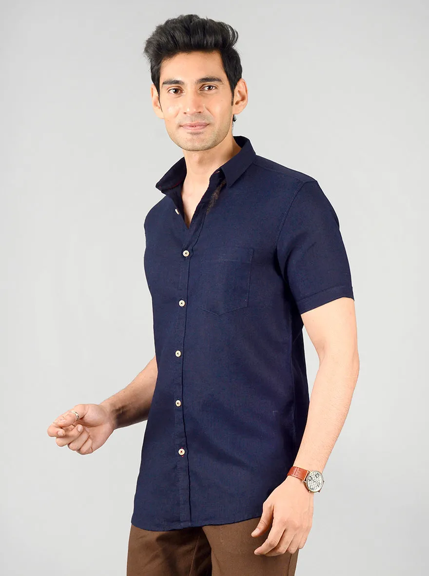 Navy Blue Solid Slim Fit Casual Shirt | JadeBlue