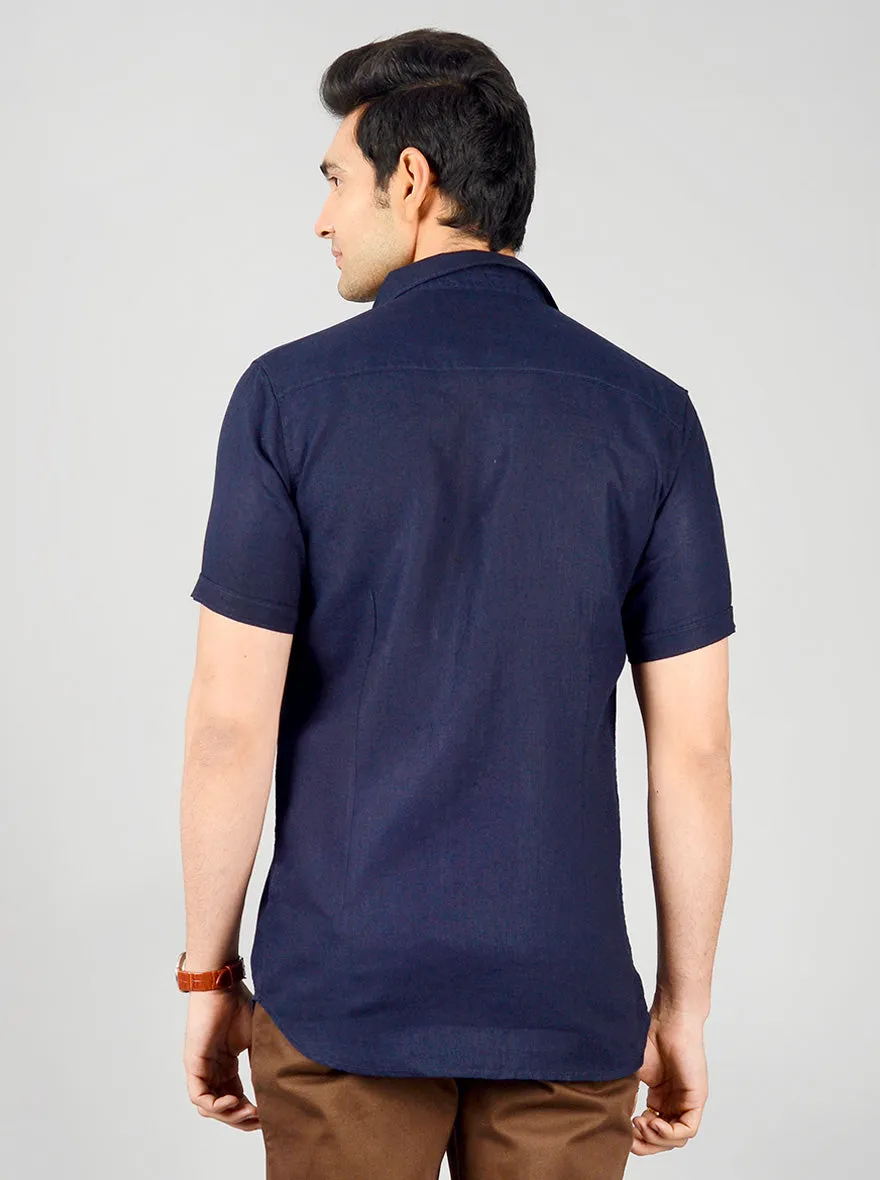 Navy Blue Solid Slim Fit Casual Shirt | JadeBlue
