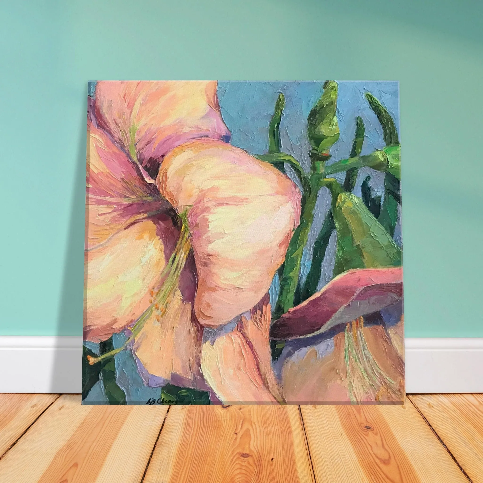 'Pink Amaryllis 2' Floral I 12x12 inch Art Print on Canvas I Original Artwork by American Artist Barbara Cleary