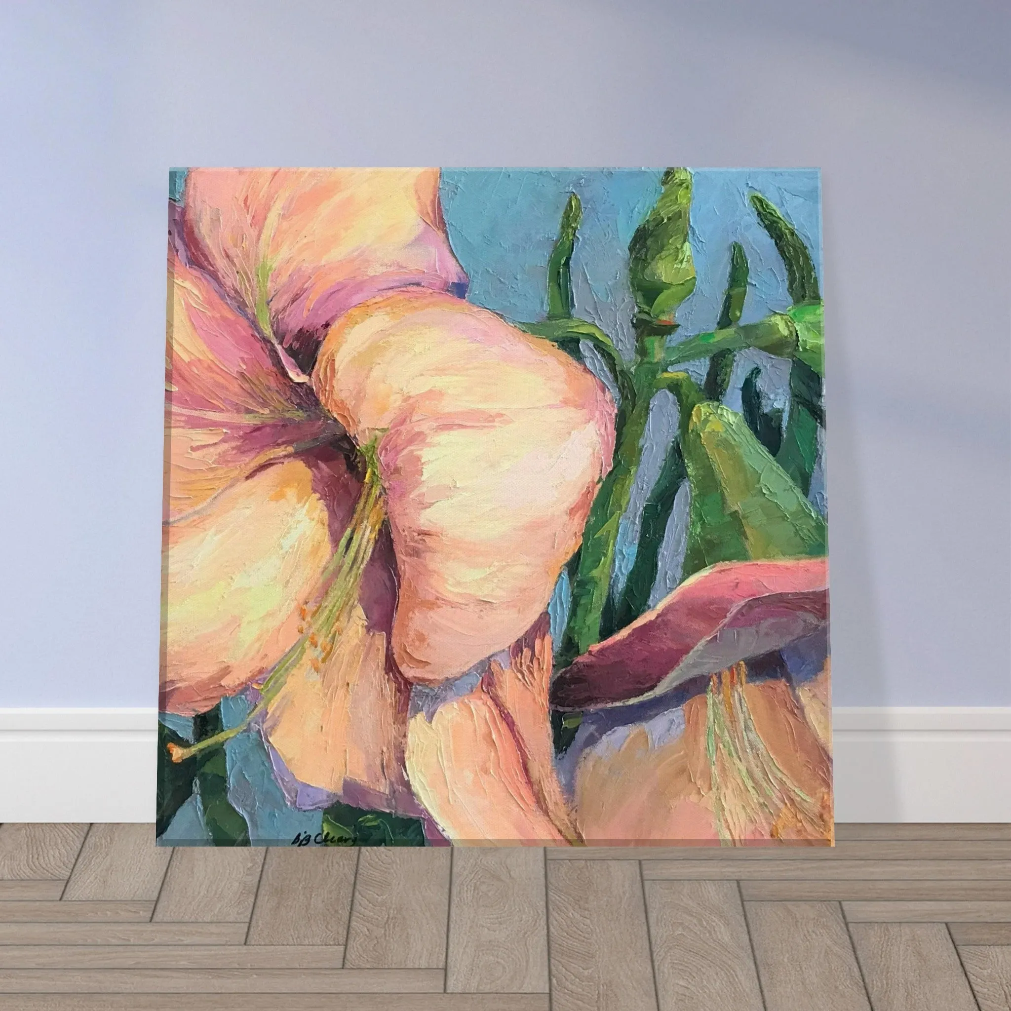 'Pink Amaryllis 2' Floral I 12x12 inch Art Print on Canvas I Original Artwork by American Artist Barbara Cleary