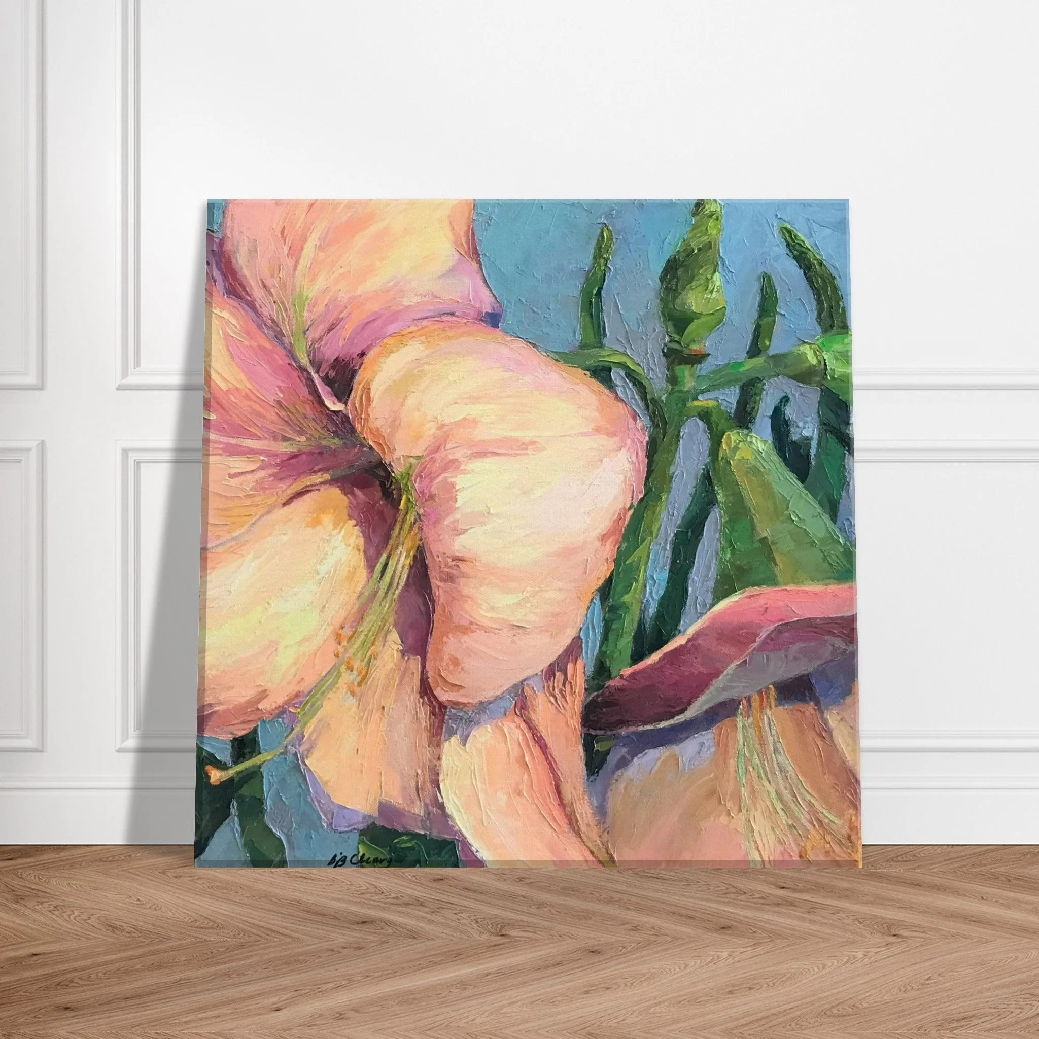 'Pink Amaryllis 2' Floral I 12x12 inch Art Print on Canvas I Original Artwork by American Artist Barbara Cleary