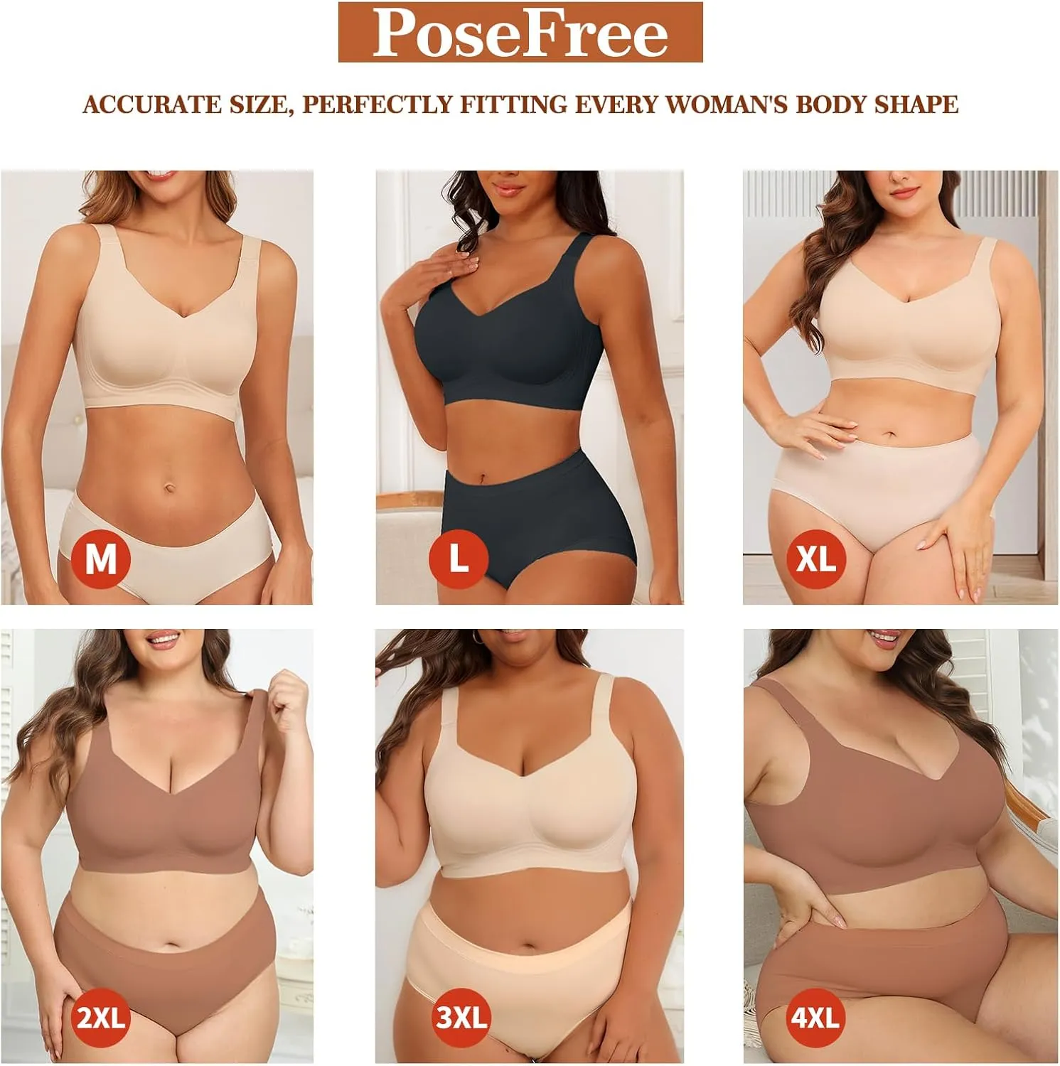 PoseFree Womens Seamless Wireless Supportive Bra Push Up Comfort Soft No Underwire Full Coverage T-Shirt Bra