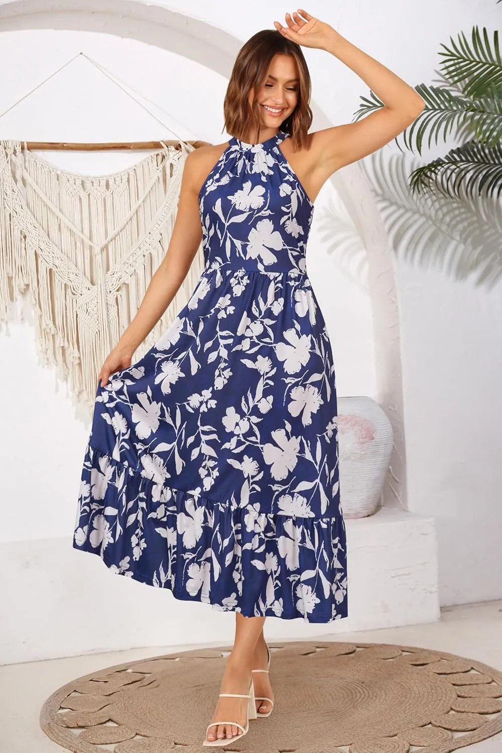 STYLEWORD Women??s 2025 Summer Dress Maxi Vacation Floral Halter Neck Sleeveless Flowy Sundress with Pockets