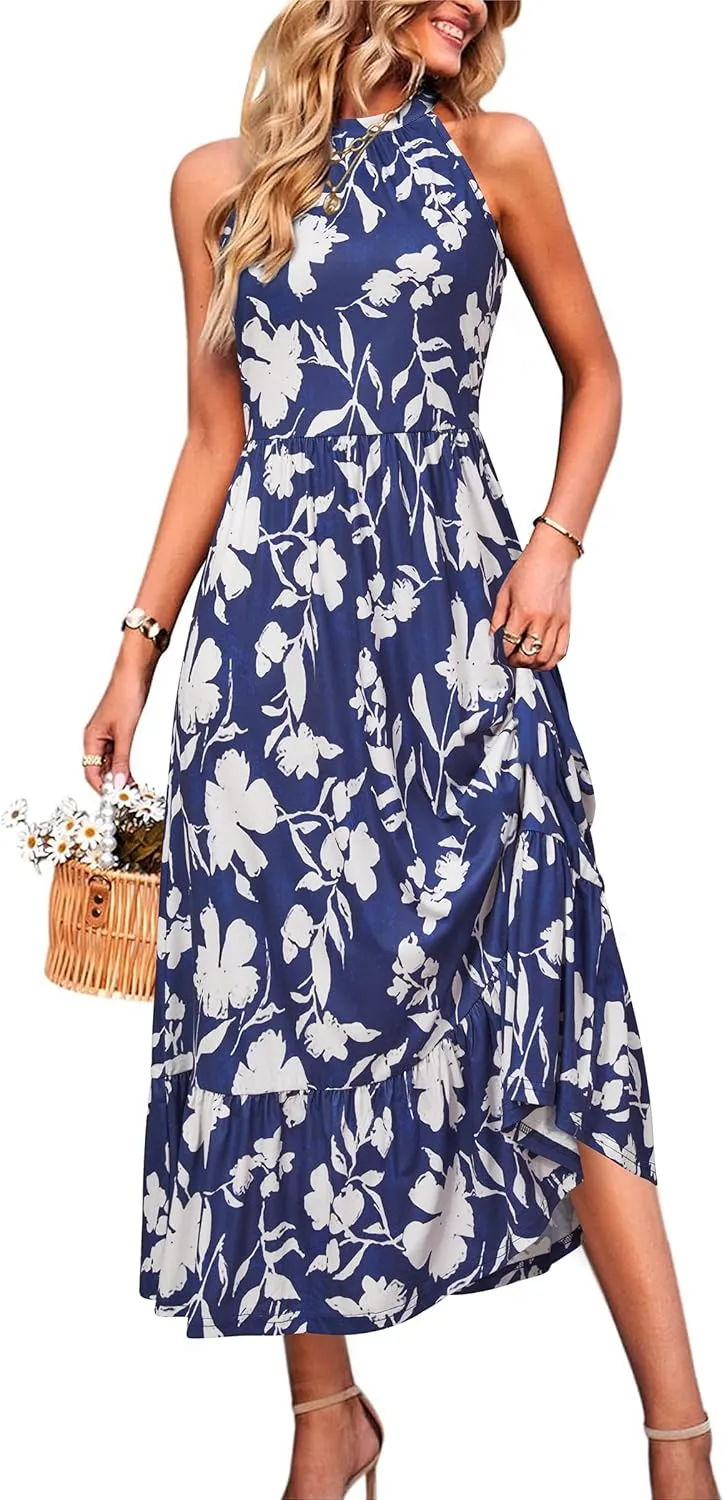 STYLEWORD Women??s 2025 Summer Dress Maxi Vacation Floral Halter Neck Sleeveless Flowy Sundress with Pockets