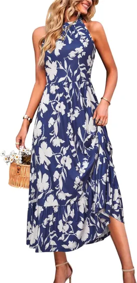 STYLEWORD Women??s 2025 Summer Dress Maxi Vacation Floral Halter Neck Sleeveless Flowy Sundress with Pockets