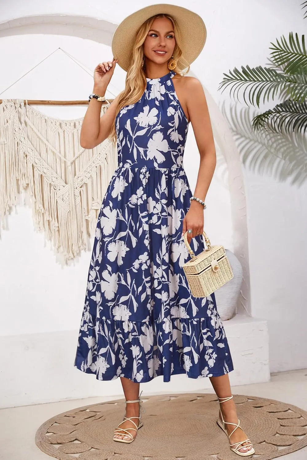 STYLEWORD Women??s 2025 Summer Dress Maxi Vacation Floral Halter Neck Sleeveless Flowy Sundress with Pockets